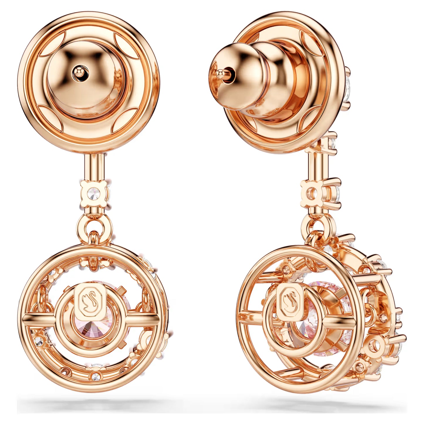 Constella drop earrings, Round cut, Dancing stone, Pink, 18K rose gold finish
