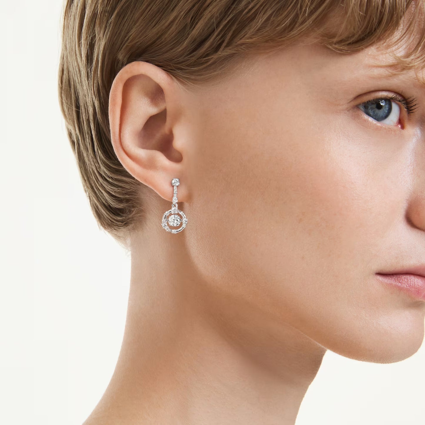 Constella drop earrings, Round cut, Dancing stone, White, Rhodium plated
