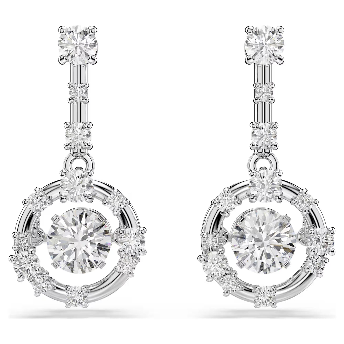 Constella drop earrings, Round cut, Dancing stone, White, Rhodium plated