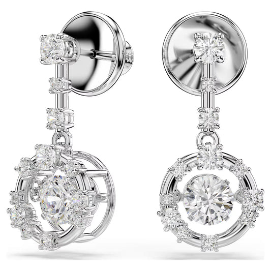 Constella drop earrings, Round cut, Dancing stone, White, Rhodium plated
