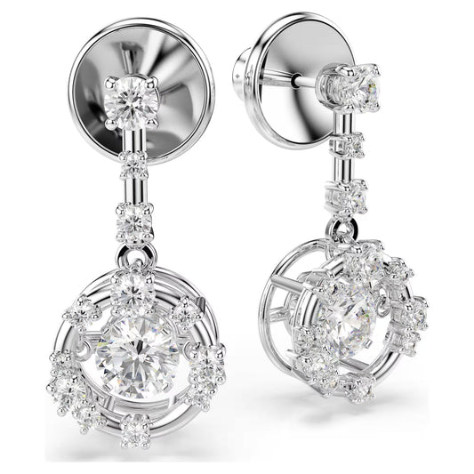 Constella drop earrings, Round cut, Dancing stone, White, Rhodium plated