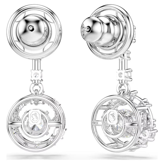 Constella drop earrings, Round cut, Dancing stone, White, Rhodium plated