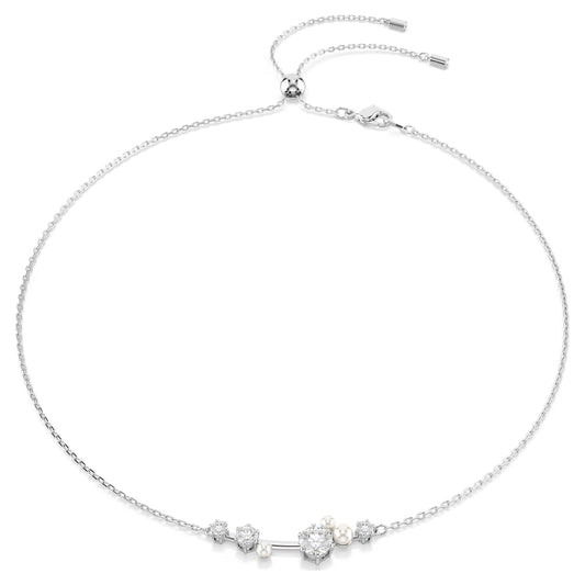 Constella necklace, Crystal pearl, Round cuts, White, Rhodium plated