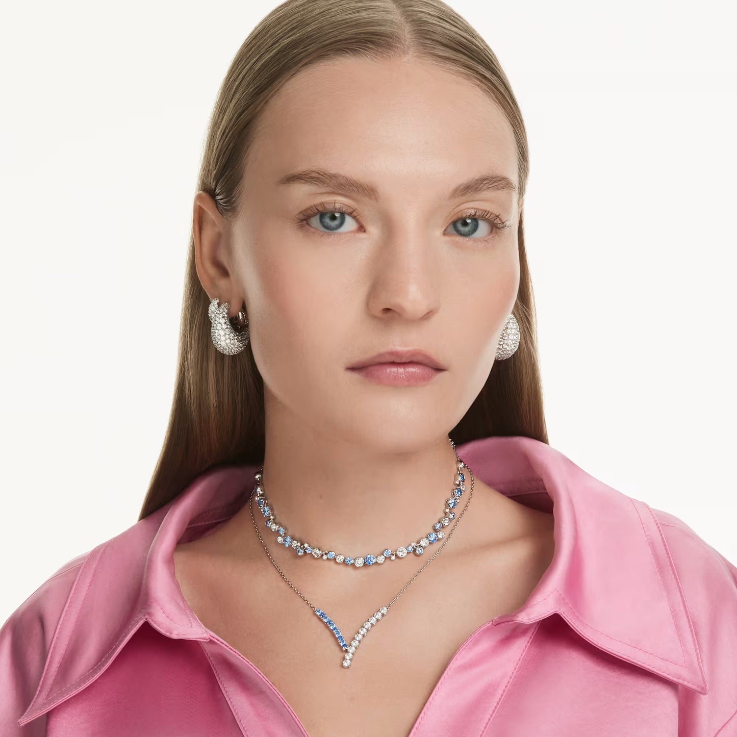 Constella necklace, Mixed cuts, Blue, Rhodium plated