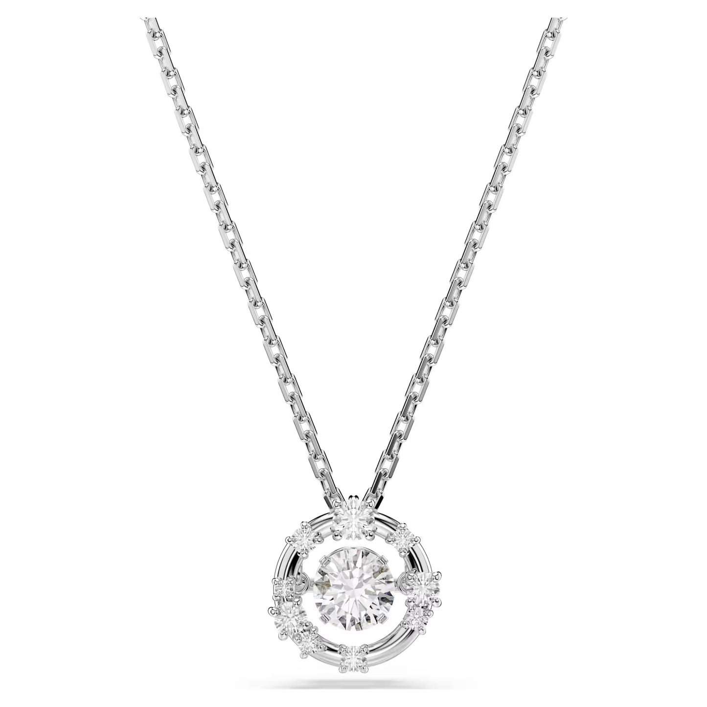 Constella pendant, Round cut, Dancing stone, White, Rhodium plated