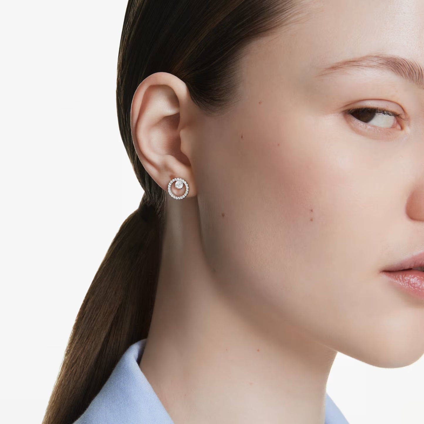 Constella stud earrings, Round cut, White, Rhodium