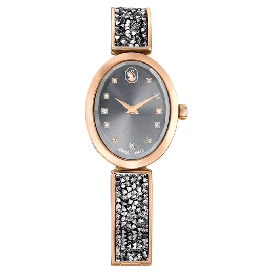 Crystal Rock Oval watch, Swiss Made, Crystal bracelet, Grey, Rose gold-tone finish