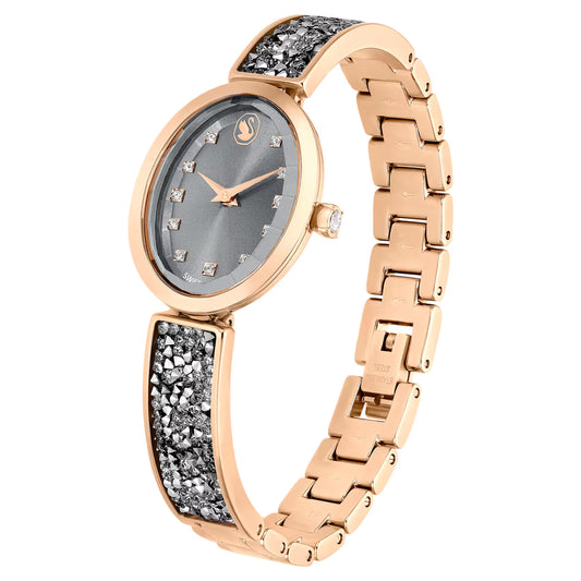 Crystal Rock Oval watch, Swiss Made, Crystal bracelet, Grey, Rose gold-tone finish