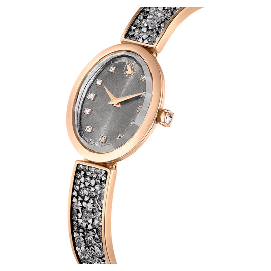 Crystal Rock Oval watch, Swiss Made, Crystal bracelet, Grey, Rose gold-tone finish