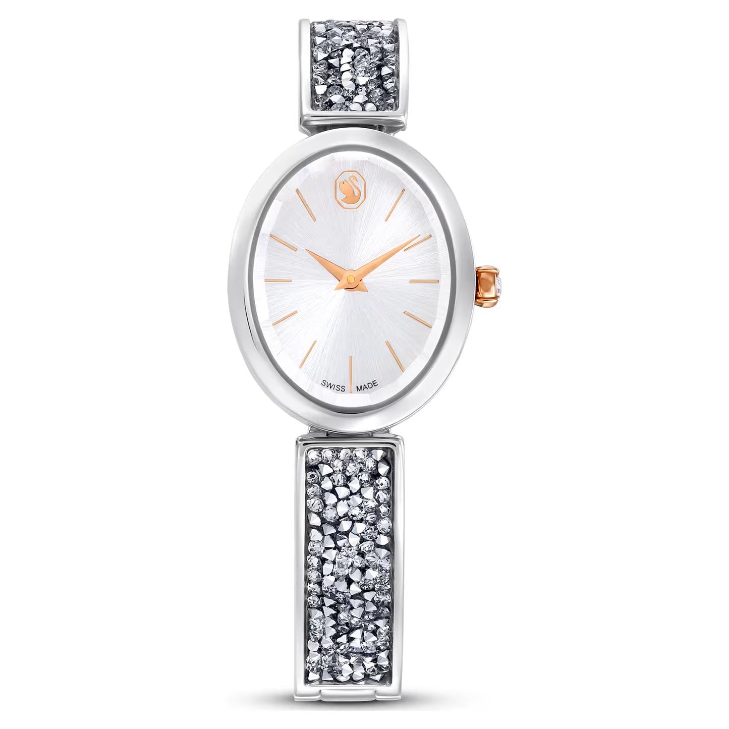 Crystal Rock oval watch, Swiss Made, Crystal bracelet, White, Stainless steel