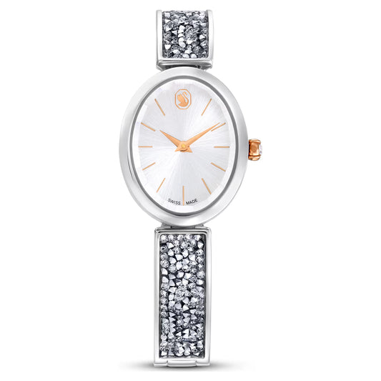 Crystal Rock oval watch, Swiss Made, Crystal bracelet, White, Stainless steel