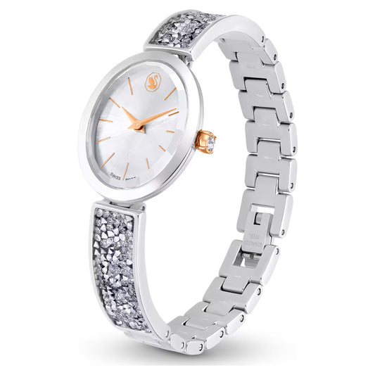 Crystal Rock oval watch, Swiss Made, Crystal bracelet, White, Stainless steel