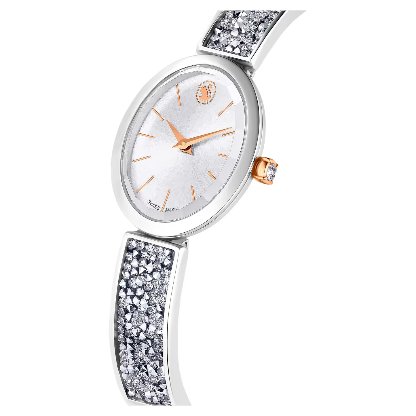 Crystal Rock oval watch, Swiss Made, Crystal bracelet, White, Stainless steel