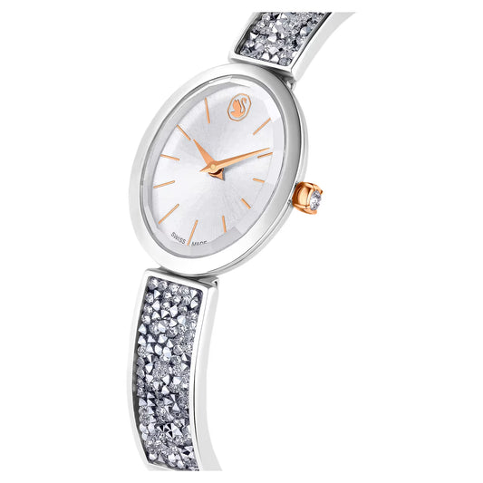 Crystal Rock oval watch, Swiss Made, Crystal bracelet, White, Stainless steel