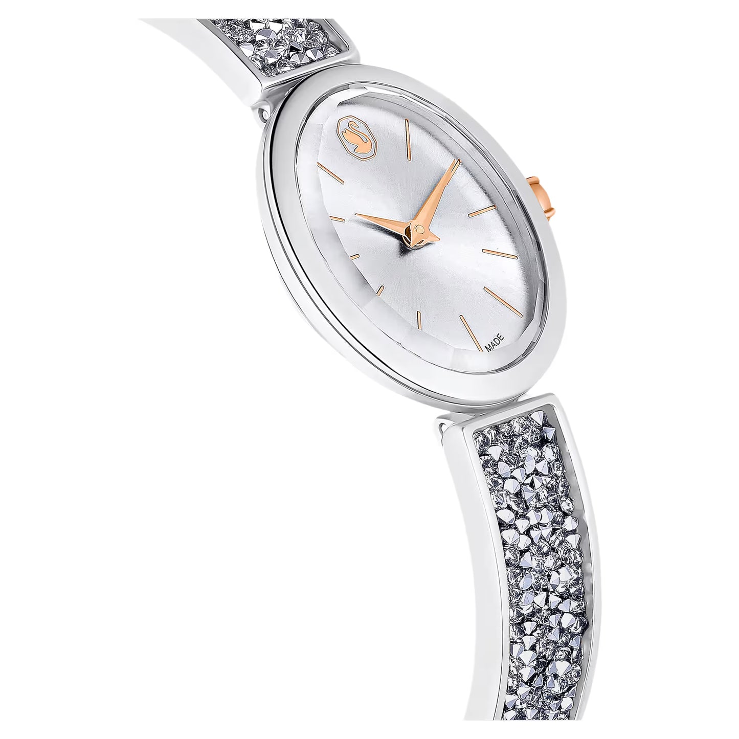 Crystal Rock oval watch, Swiss Made, Crystal bracelet, White, Stainless steel