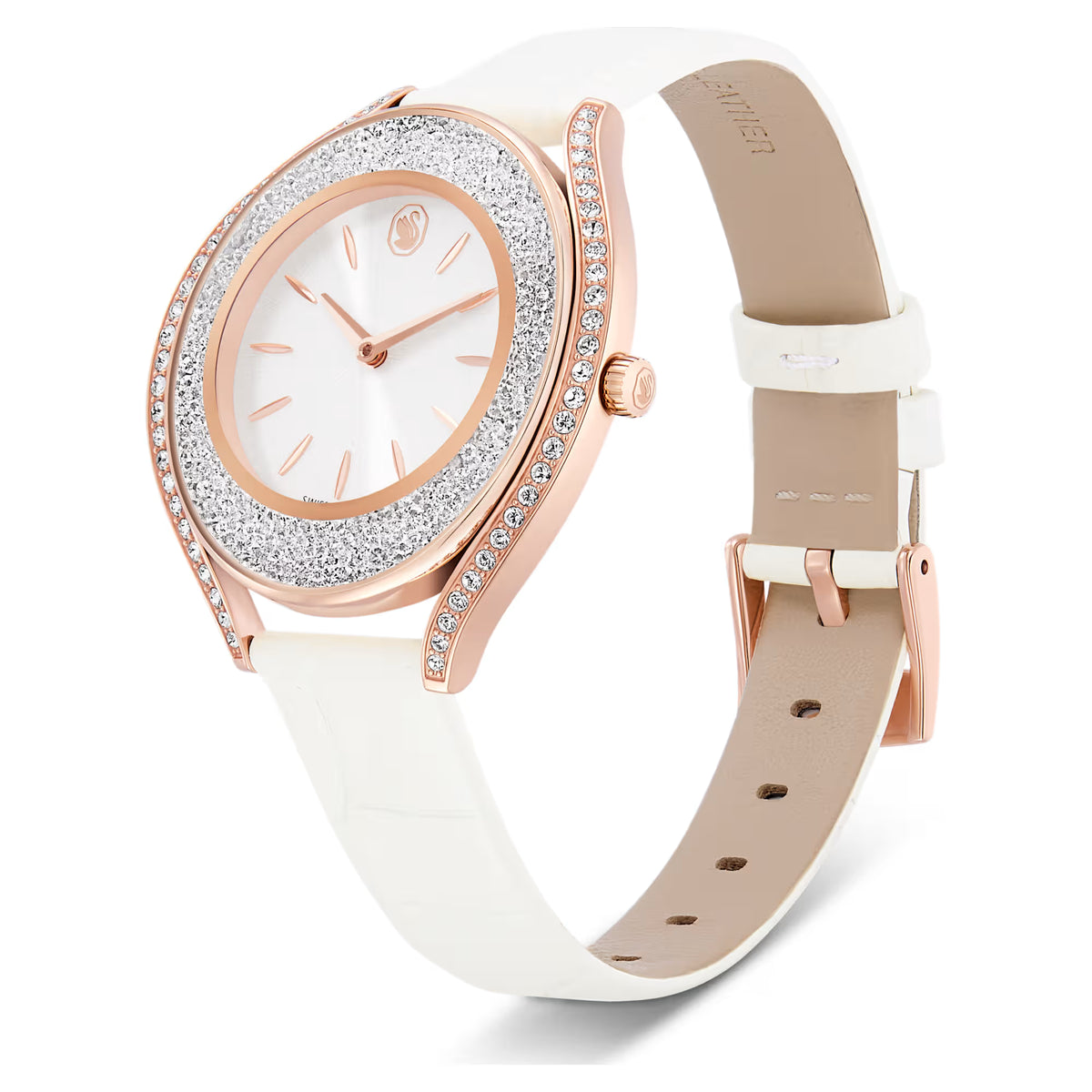 Crystalline aura watch, Swiss Made, Leather strap, White, Rose gold-tone finish