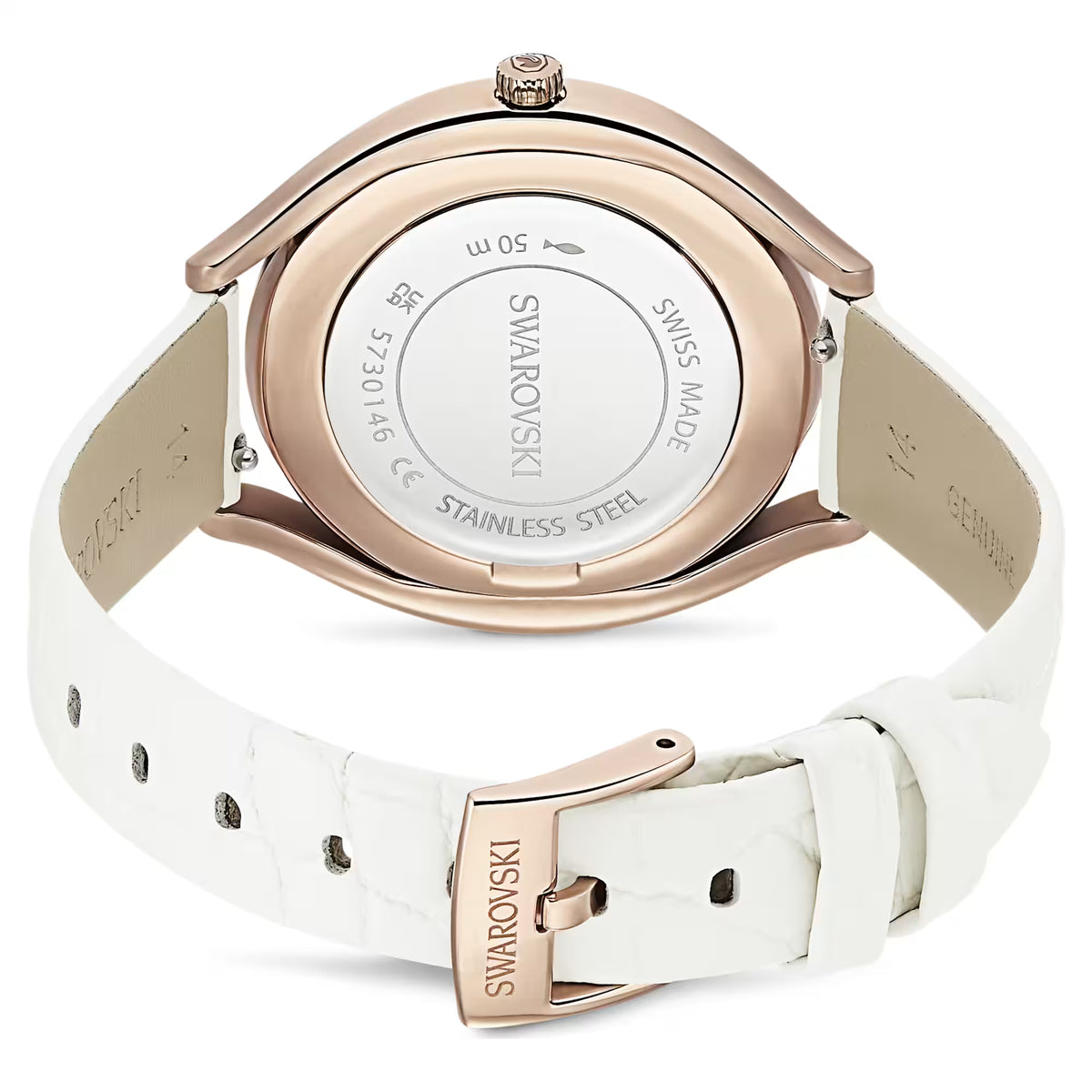 Crystalline aura watch, Swiss Made, Leather strap, White, Rose gold-tone finish