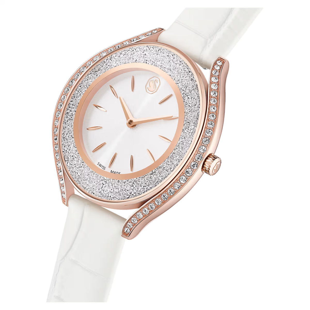 Crystalline aura watch, Swiss Made, Leather strap, White, Rose gold-tone finish
