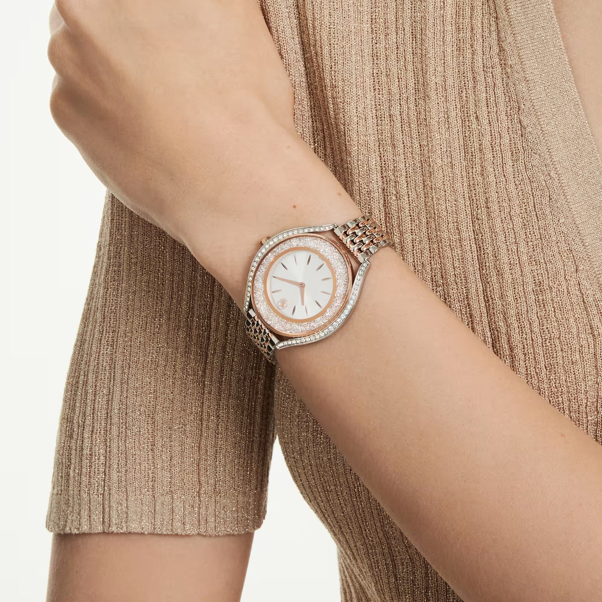Crystalline aura watch, Swiss Made, Metal bracelet, Rose gold tone, Mixed metal finish