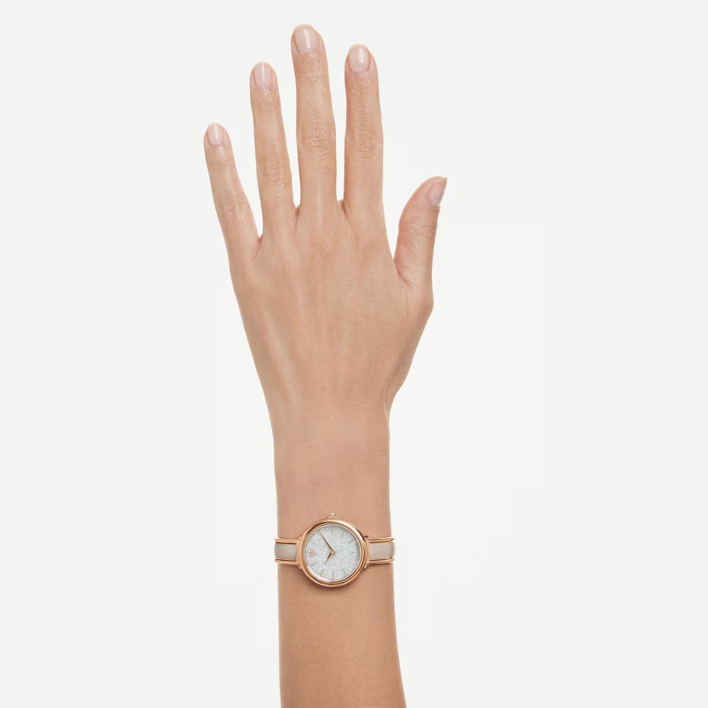 Crystalline bangle watch, Swiss Made, Metal bracelet, Beige, Rose gold-tone finish