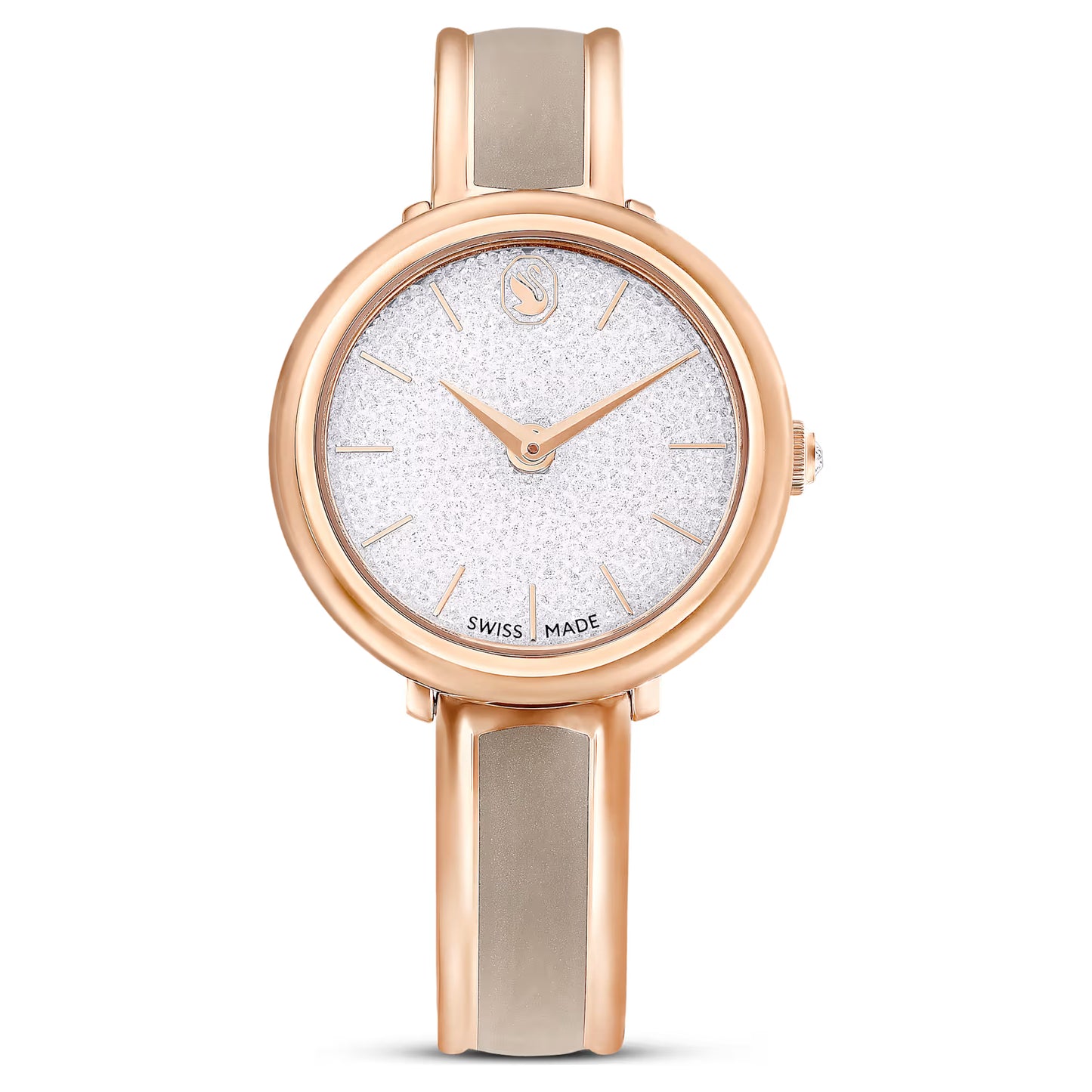 Crystalline bangle watch, Swiss Made, Metal bracelet, Beige, Rose gold-tone finish