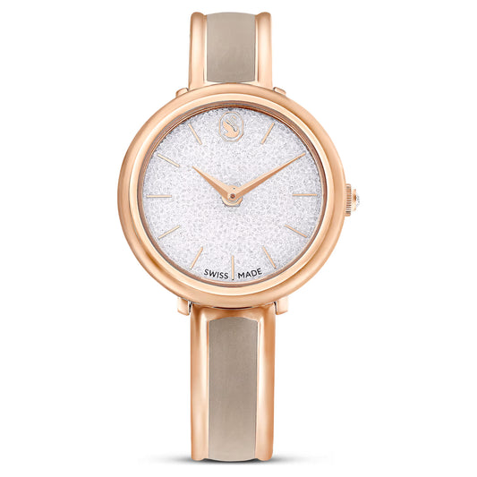 Crystalline bangle watch, Swiss Made, Metal bracelet, Beige, Rose gold-tone finish