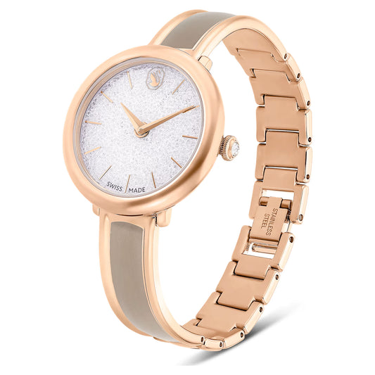 Crystalline bangle watch, Swiss Made, Metal bracelet, Beige, Rose gold-tone finish