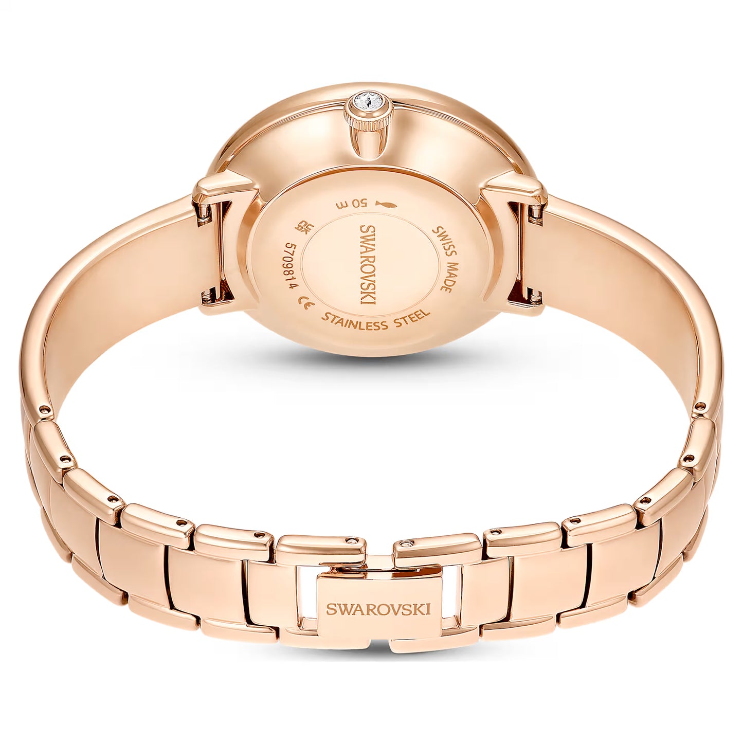 Crystalline bangle watch, Swiss Made, Metal bracelet, Beige, Rose gold-tone finish