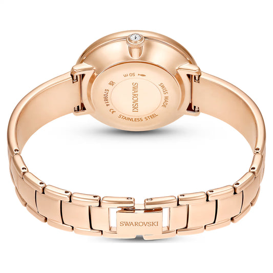 Crystalline bangle watch, Swiss Made, Metal bracelet, Beige, Rose gold-tone finish