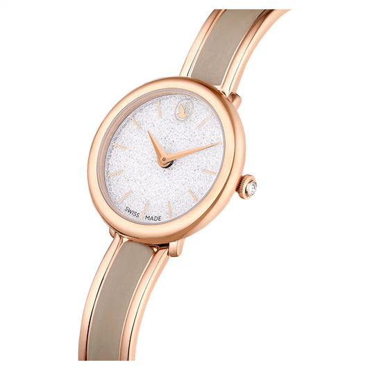 Crystalline bangle watch, Swiss Made, Metal bracelet, Beige, Rose gold-tone finish