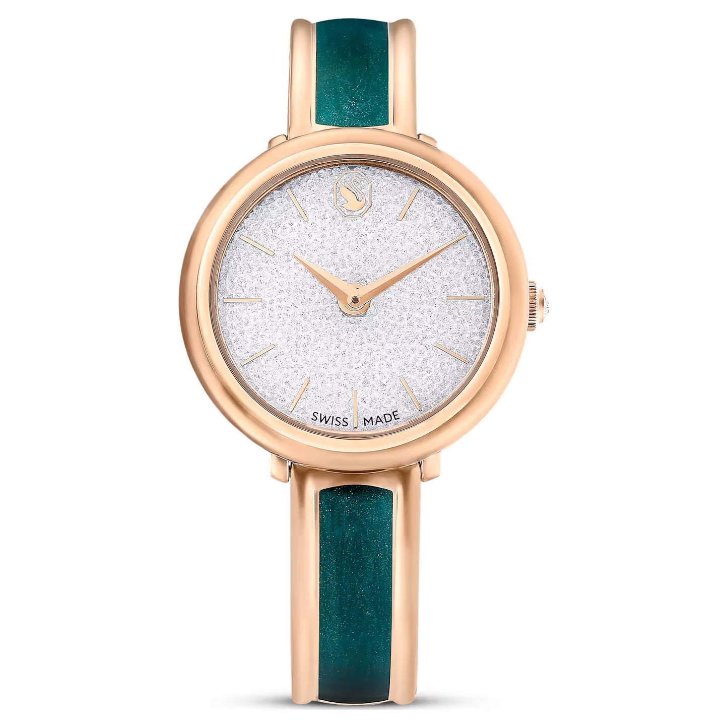 Crystalline bangle watch, Swiss Made, Metal bracelet, Green, Rose gold-tone finish