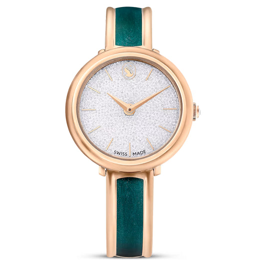 Crystalline bangle watch, Swiss Made, Metal bracelet, Green, Rose gold-tone finish