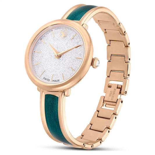 Crystalline bangle watch, Swiss Made, Metal bracelet, Green, Rose gold-tone finish