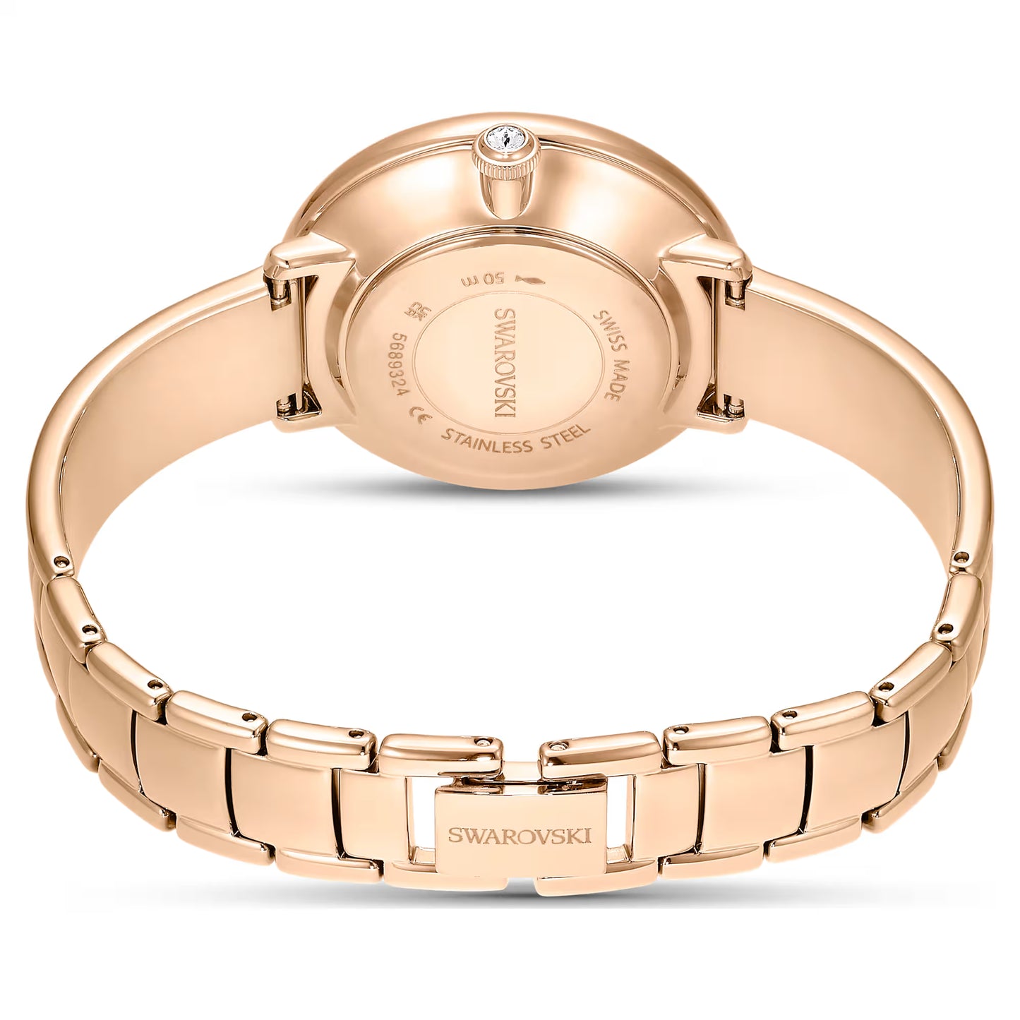 Crystalline bangle watch, Swiss Made, Metal bracelet, Green, Rose gold-tone finish