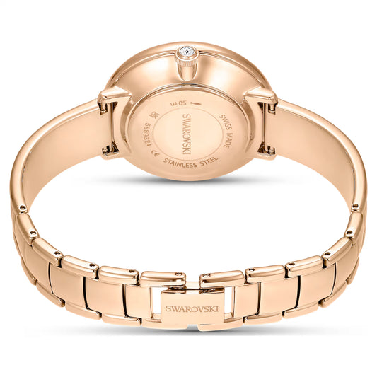 Crystalline bangle watch, Swiss Made, Metal bracelet, Green, Rose gold-tone finish