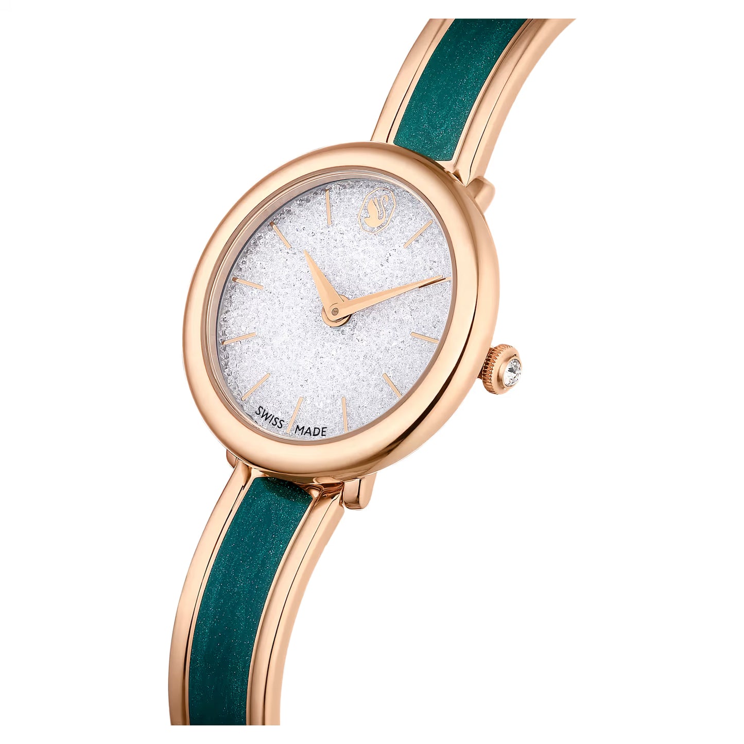 Crystalline bangle watch, Swiss Made, Metal bracelet, Green, Rose gold-tone finish