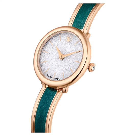 Crystalline bangle watch, Swiss Made, Metal bracelet, Green, Rose gold-tone finish