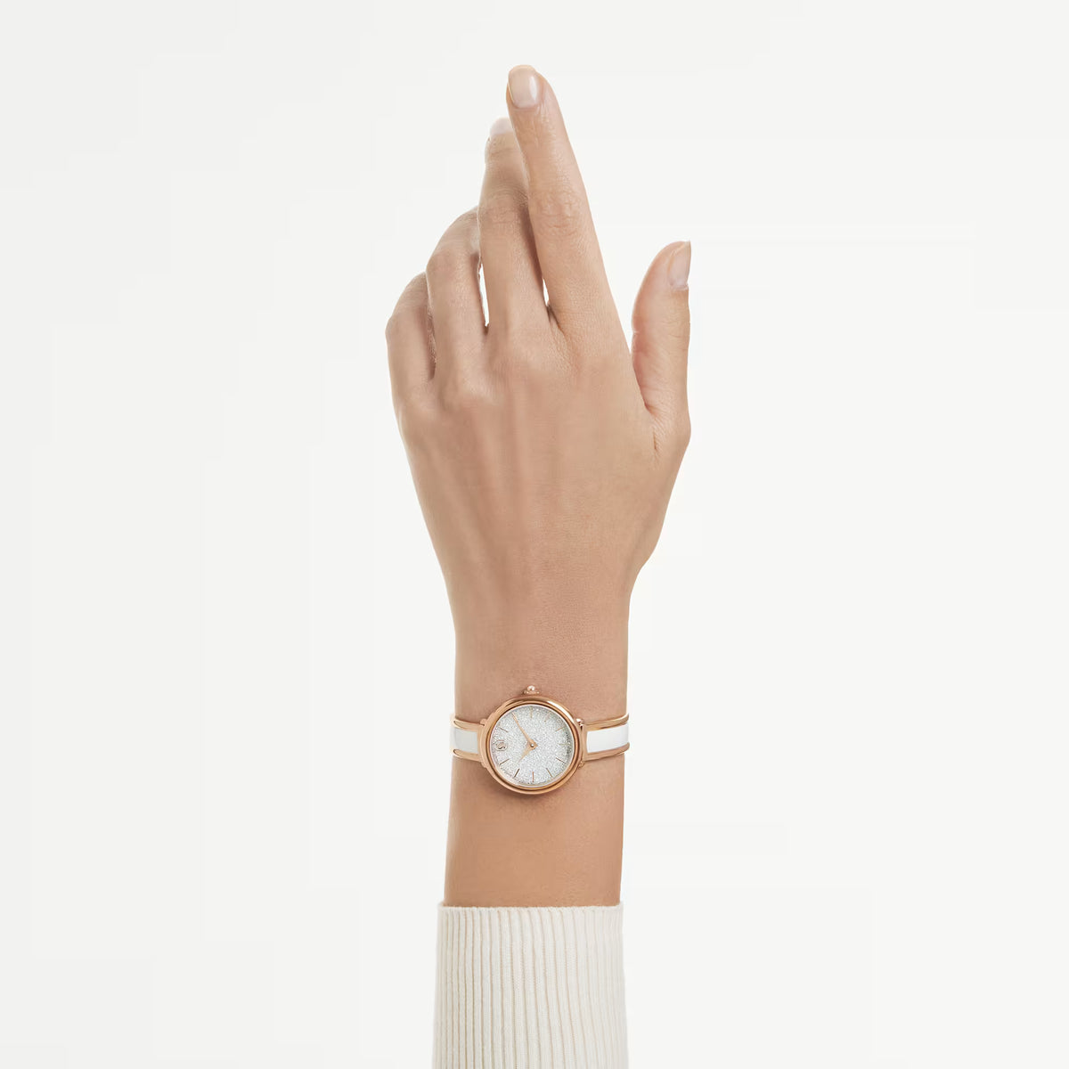 Crystalline bangle watch, Swiss Made, Metal bracelet, White, Rose gold-tone finish