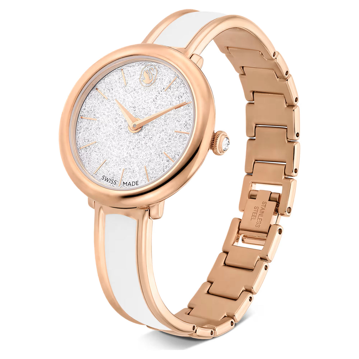 Crystalline bangle watch, Swiss Made, Metal bracelet, White, Rose gold-tone finish