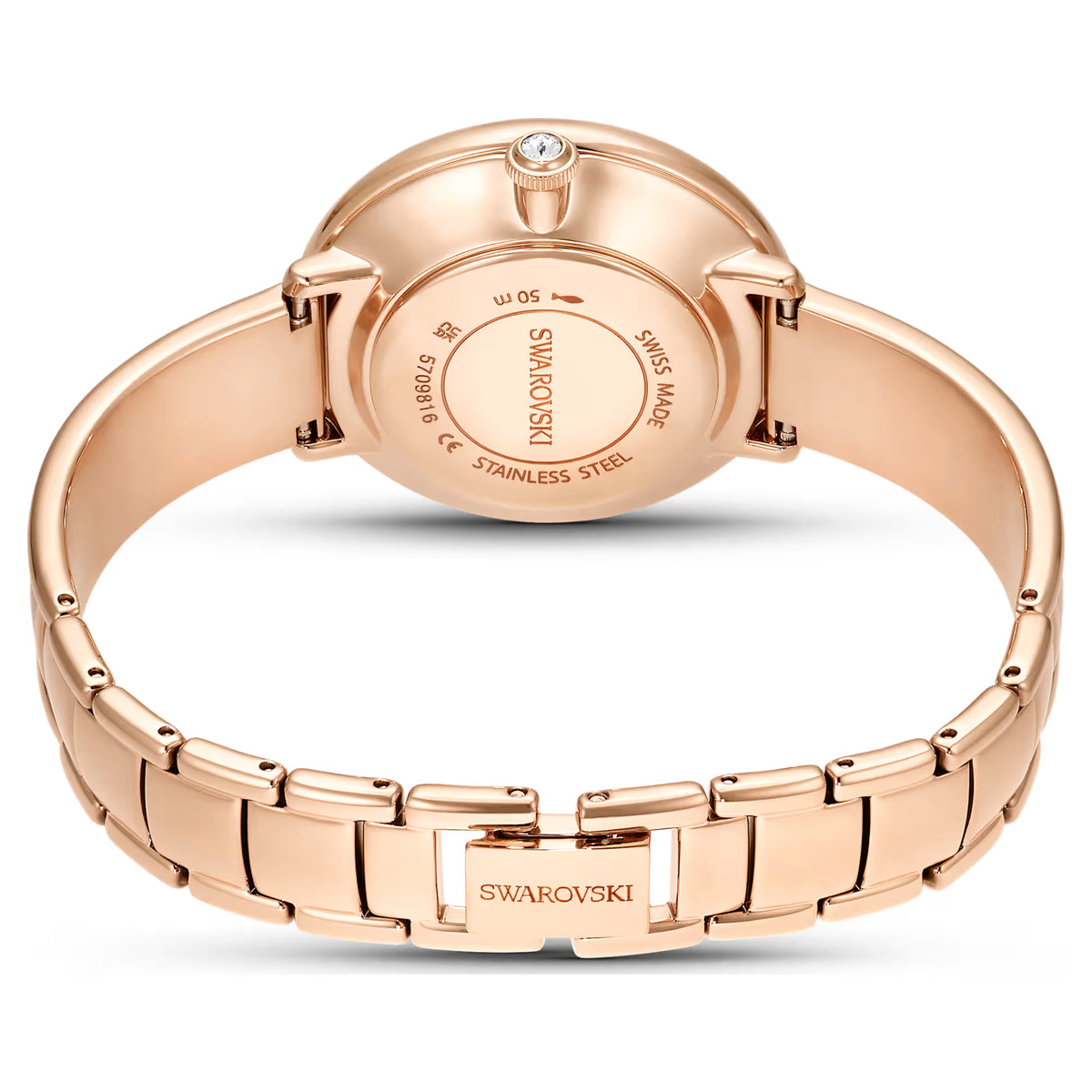 Crystalline bangle watch, Swiss Made, Metal bracelet, White, Rose gold-tone finish