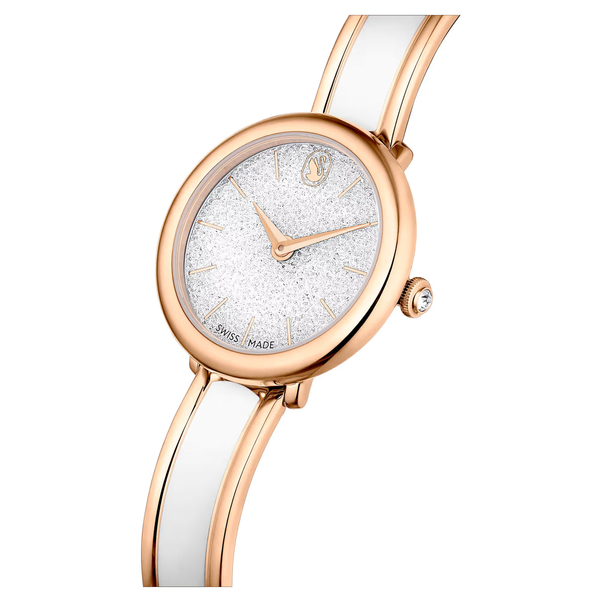 Crystalline bangle watch, Swiss Made, Metal bracelet, White, Rose gold-tone finish