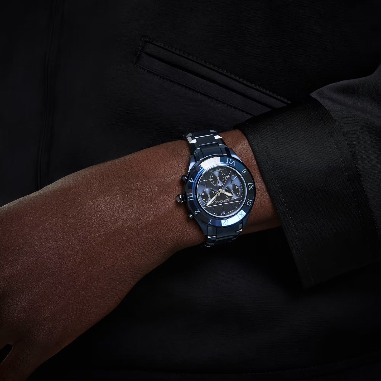 Dextera chrono watch, 39mm, Swiss Made, Metal bracelet, Blue, Blue finish