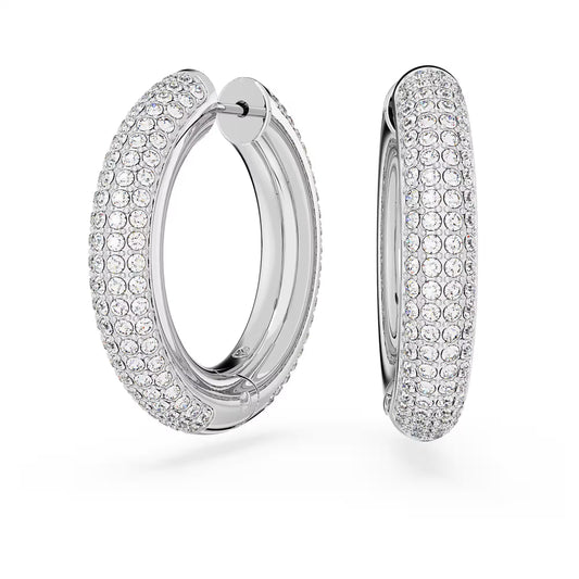 Dextera hoop earrings, Medium, White, Rhodium plated