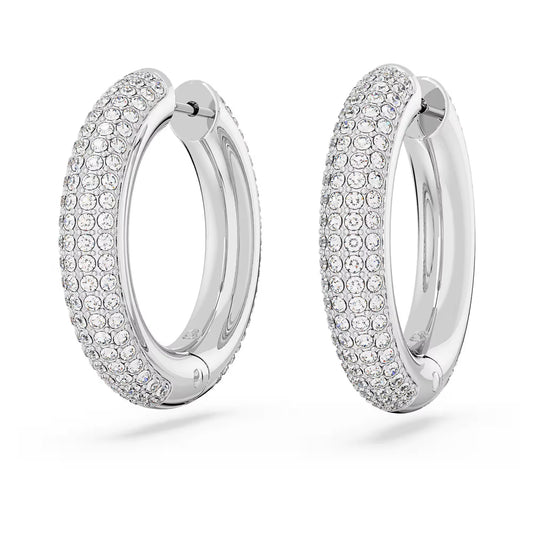 Dextera hoop earrings, Medium, White, Rhodium plated