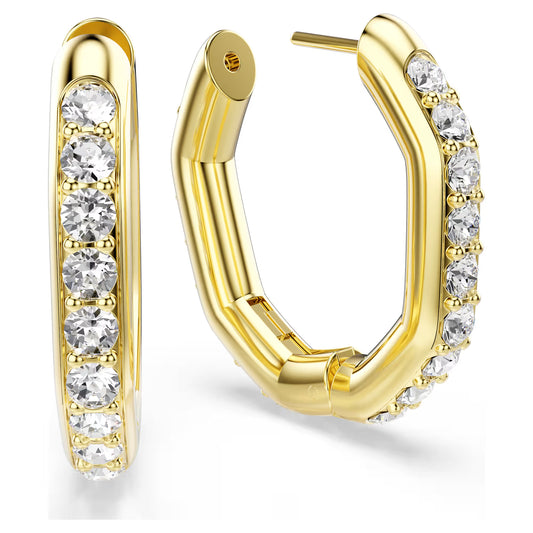 Dextera hoop earrings, Octagon shape, Round cut, Medium, White, Gold-tone plated