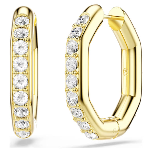 Dextera hoop earrings, Octagon shape, Round cut, Medium, White, Gold-tone plated