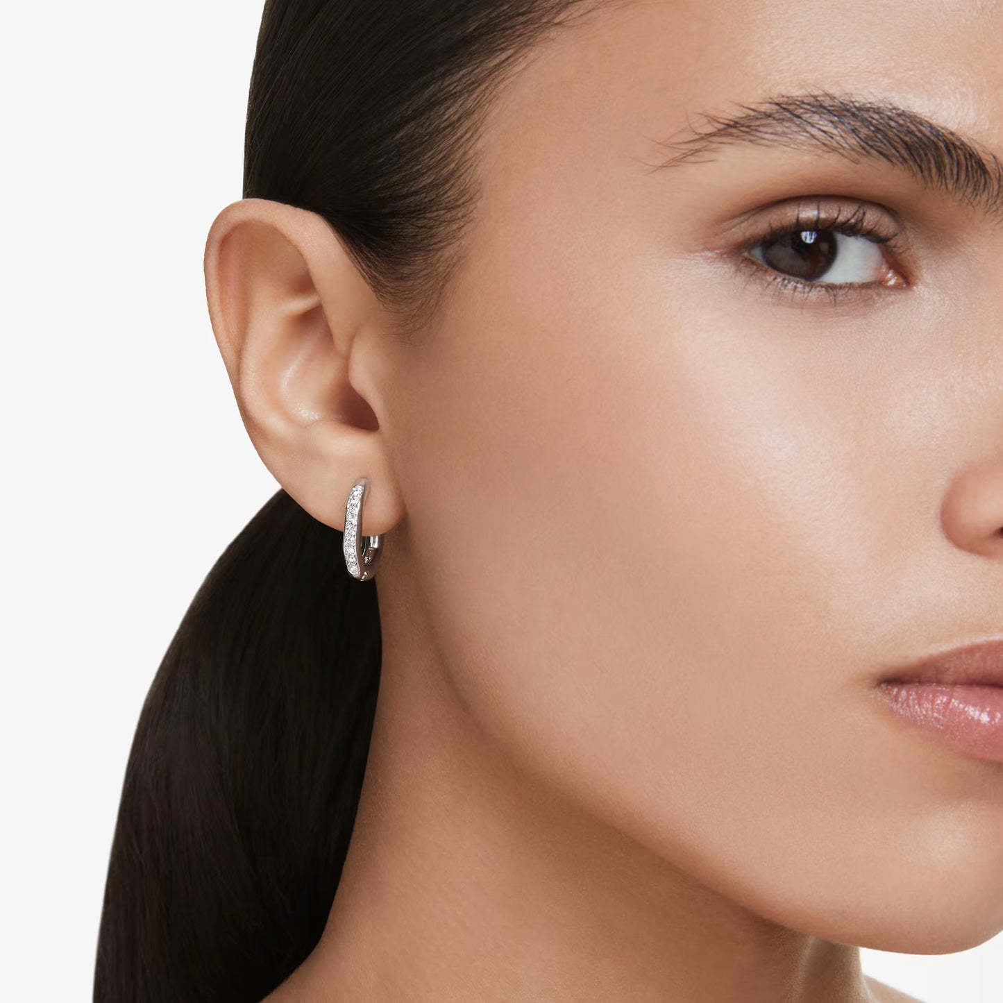 Dextera hoop earrings, Octagon shape, Round cut, Small, White, Rhodium plated