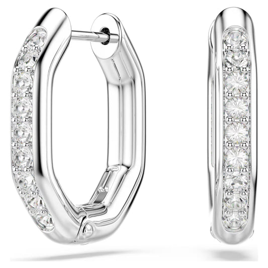 Dextera hoop earrings, Octagon shape, Round cut, Small, White, Rhodium plated