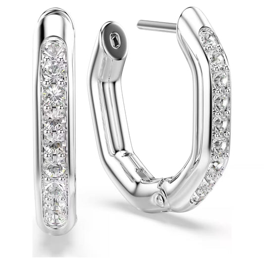 Dextera hoop earrings, Octagon shape, Round cut, Small, White, Rhodium plated