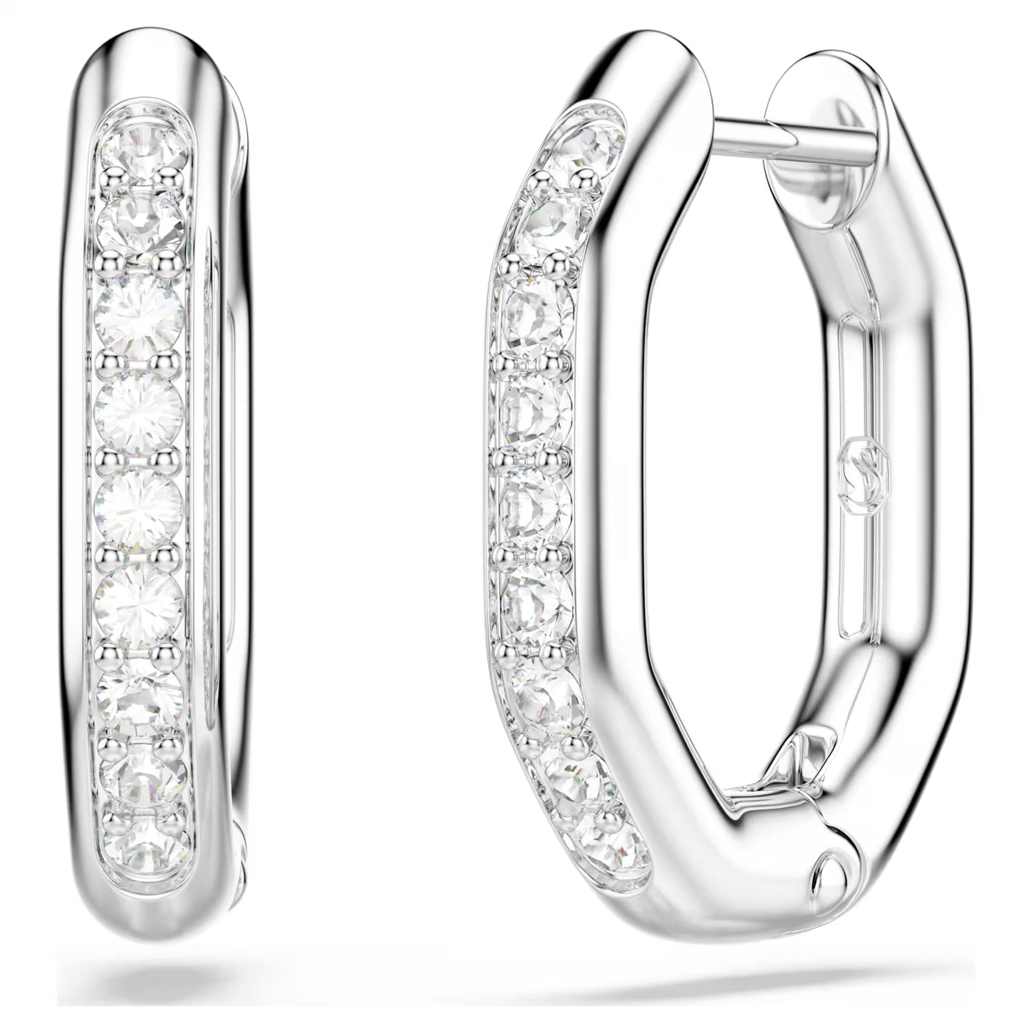Dextera hoop earrings, Octagon shape, Round cut, Small, White, Rhodium plated
